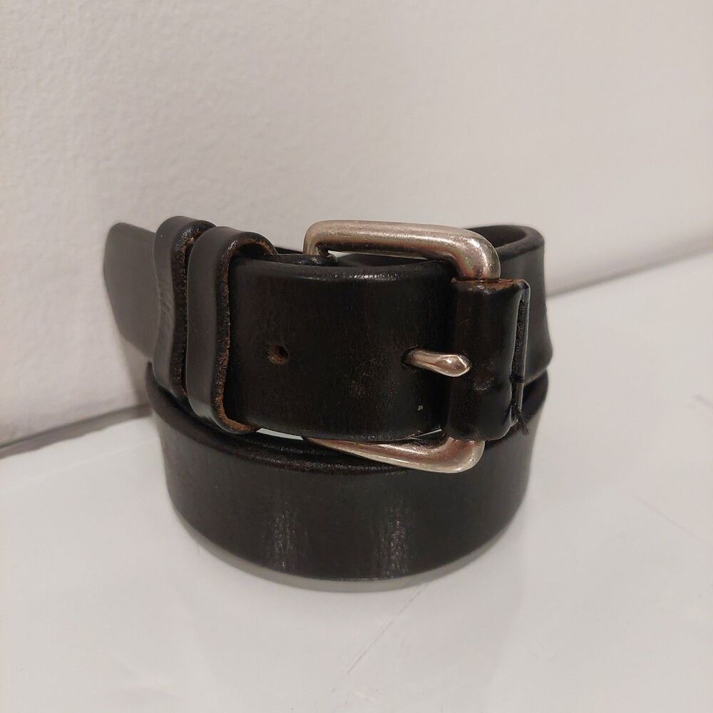 Vintage Structure Italian Leather Belt Black Solid Brass Buckle Made in USA 32